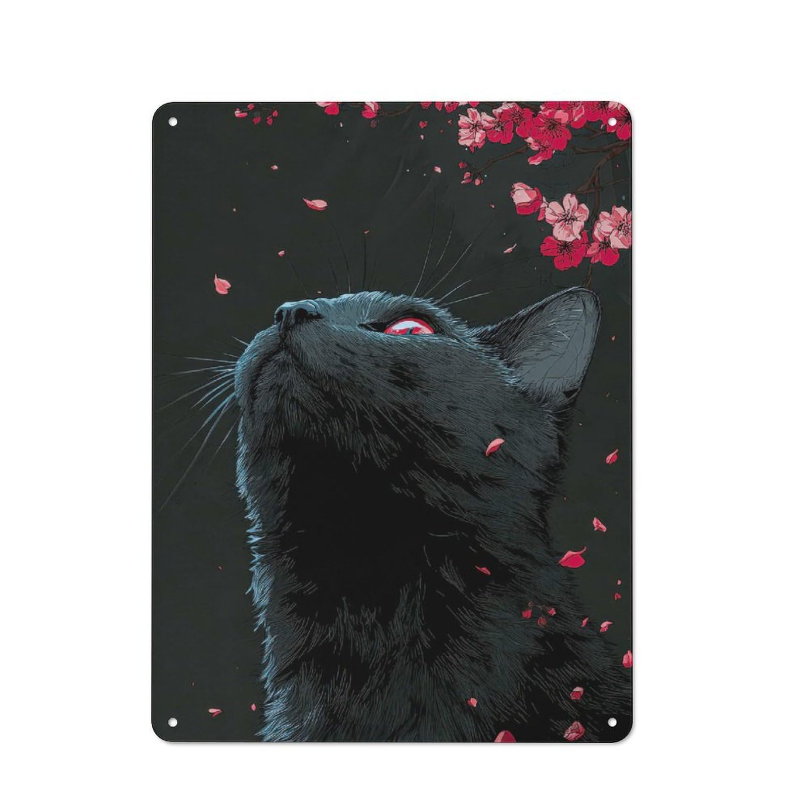 Junmoney Style-15 Black Cat With Red Eyes And Cherry Blossoms Vintage Metal Plaque 40X30cm For Living Room Wall, Suited To Living Room Decor Lovers