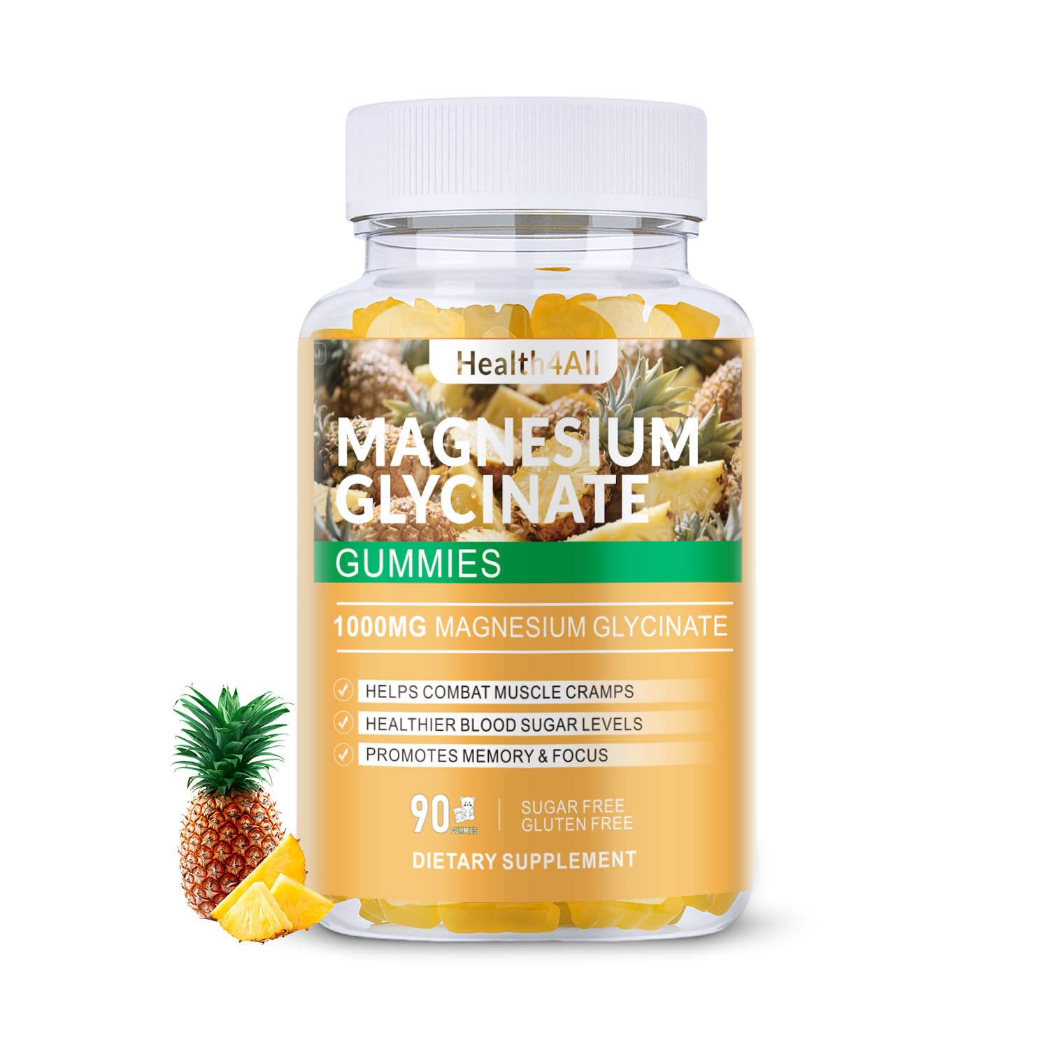 Magnesium Glycinate Gummies 1000mg, High Absorption Sugar Free Magnesium Potassium Supplement for Relaxation, Stress Relief, and Sleep Support for Adults & Kids - 90 Pineapple Gummies Pineapple 90 Count (Pack of 1)