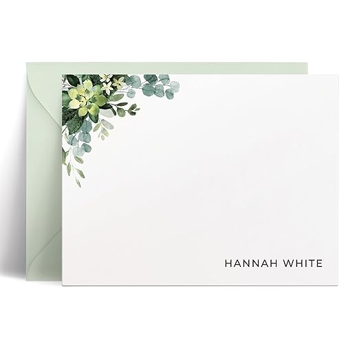 Personalized Eucalyptus Watercolor Stationery Set - Custom Notecards with Envelopes for Women - Green Floral Design - Modern San Serif Font -