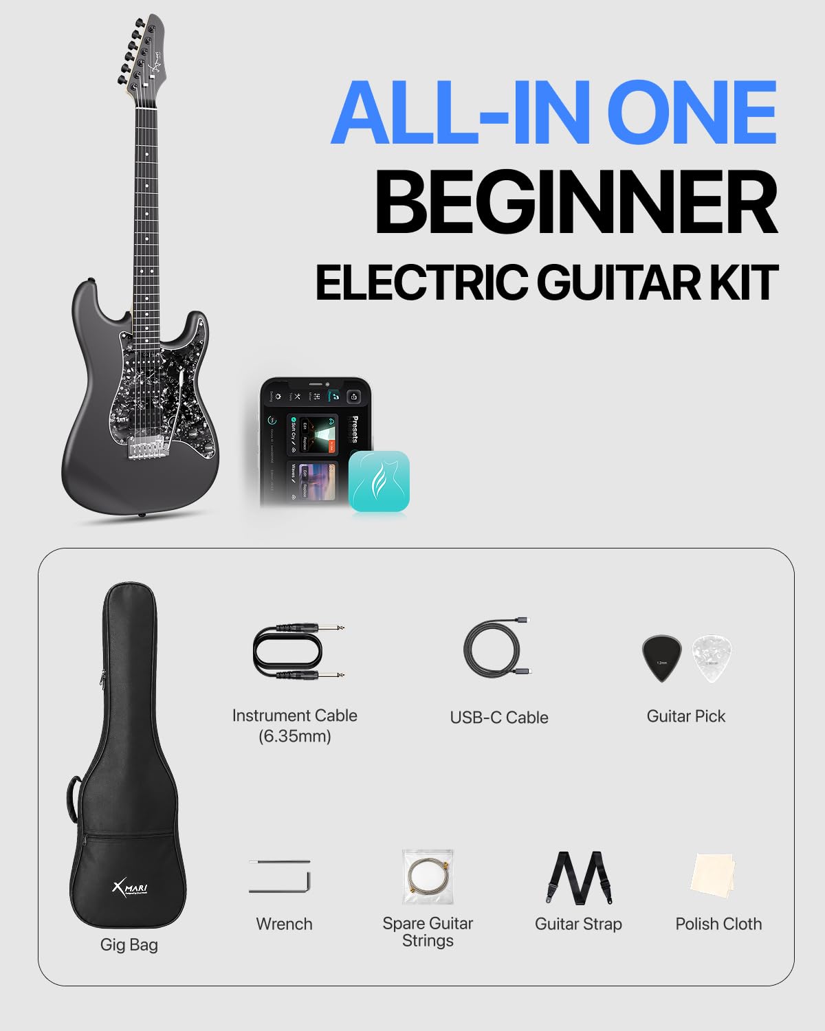 Enya XMARI Guitare électrique intelligente avec effets DSP intégrés, 4 préréglages, enregistrement USB-C OTG, sortie casque, micros en céramique personnalisés, corps en fibre de carbone, avec sac de