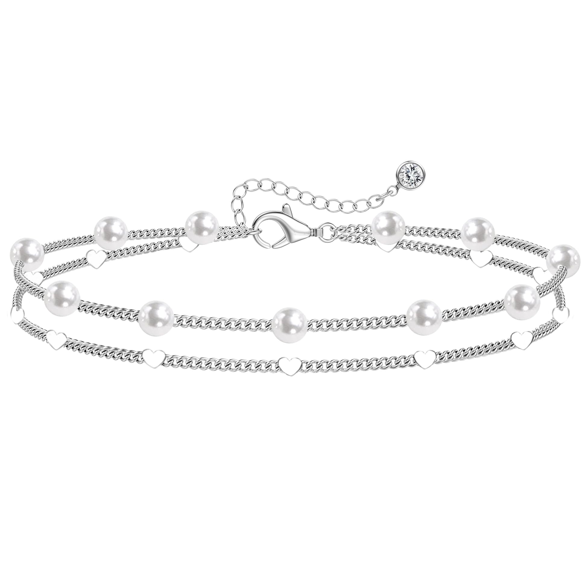 Diamday Fußkettchen für Damen Silber 925 Fussketten für Frauen Verstellbares Zierlich Fußkette Silber Perlen Funkelnd CZ Herz Stapelbare Fusskette Set Strand Schmuck Fußkettchen Damen