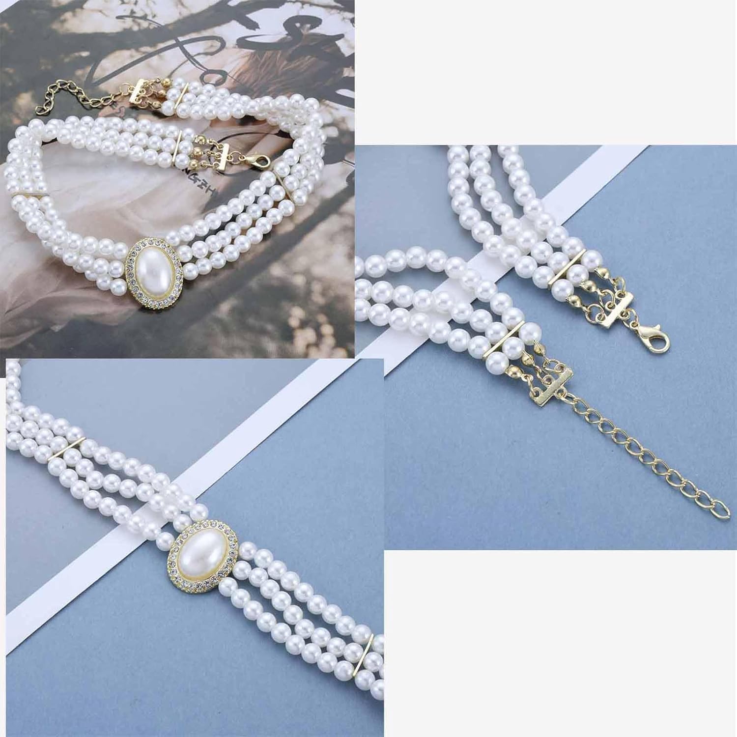Vintage Row Pearl Choker Necklaces Triple Strand Pearls Necklaces Gold Pearl Statement Necklace Layered Pearls Beaded Necklace Jewelry for Women - Image 6