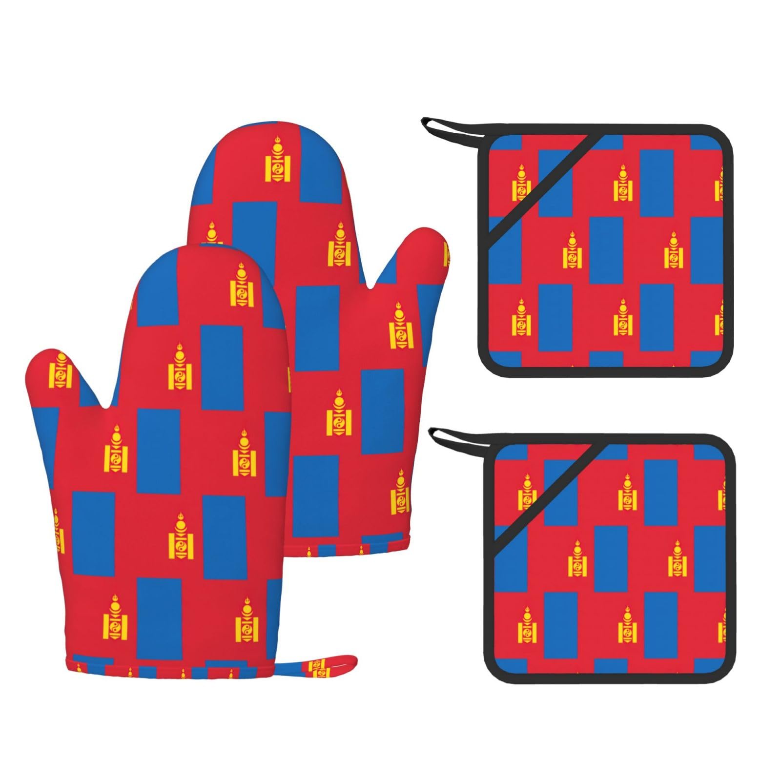 Mongolian flag Printed Kitchen Oven Gloves and Potholder 4 Pcs, Non-Slip Heat Resistant Mitts for Baking Chef