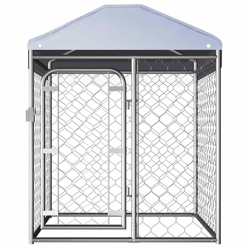 Chain Link Dog Kennel 100x100x125 cm, Large Outdoor Dog Kennel with Roof, Heavy-Duty Galvanised Steel Frame, Fire-Resistant Polyethylene Canopy, Lockable Hinged Door for Safety