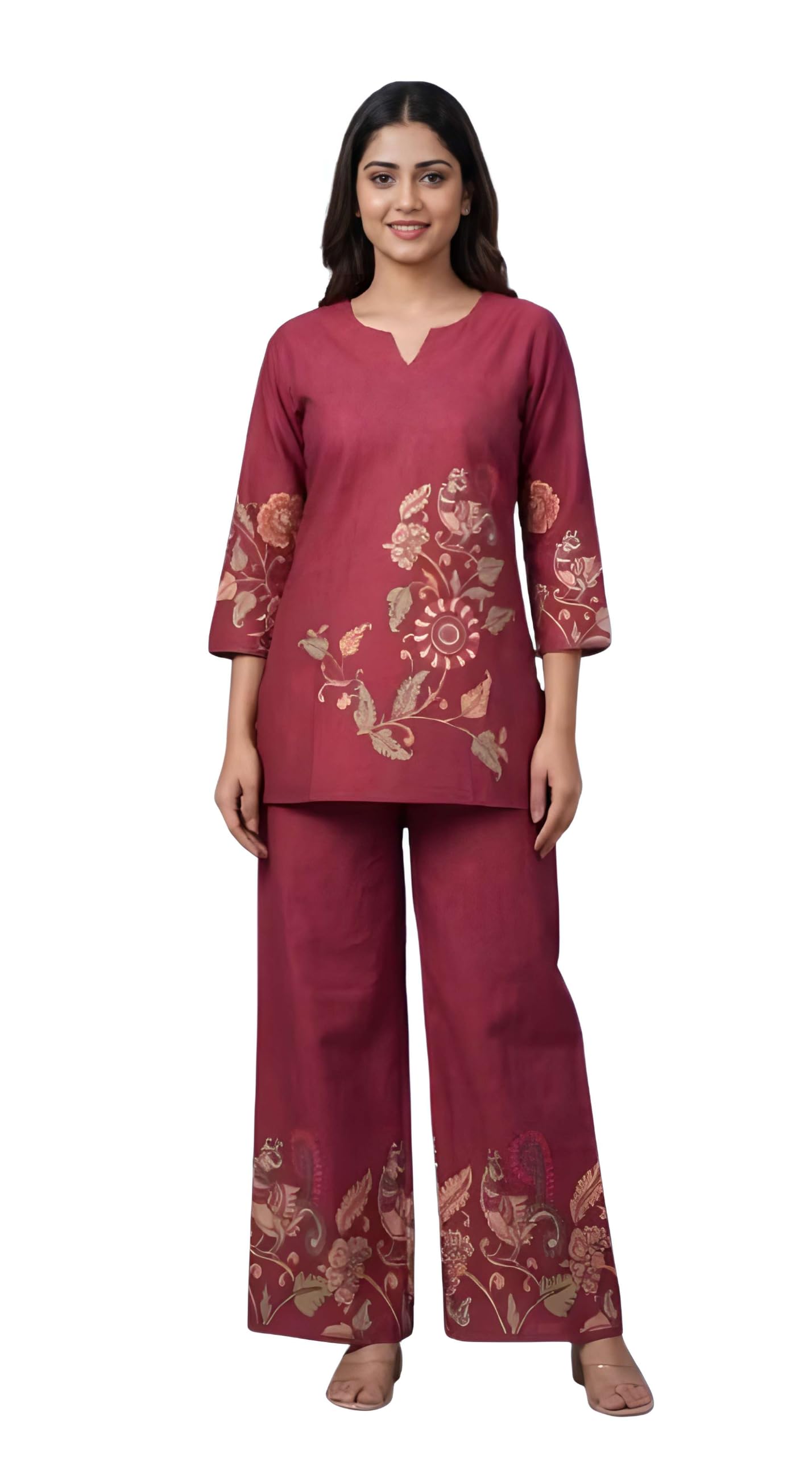 Women's Cotton Printed Kurta Palazzo Set | 2 Piece Ethnic Co-Ord Set with Floral Print | 3/4 Sleeves Straight Kurti & Wide Leg Palazzo Pants-picture-24