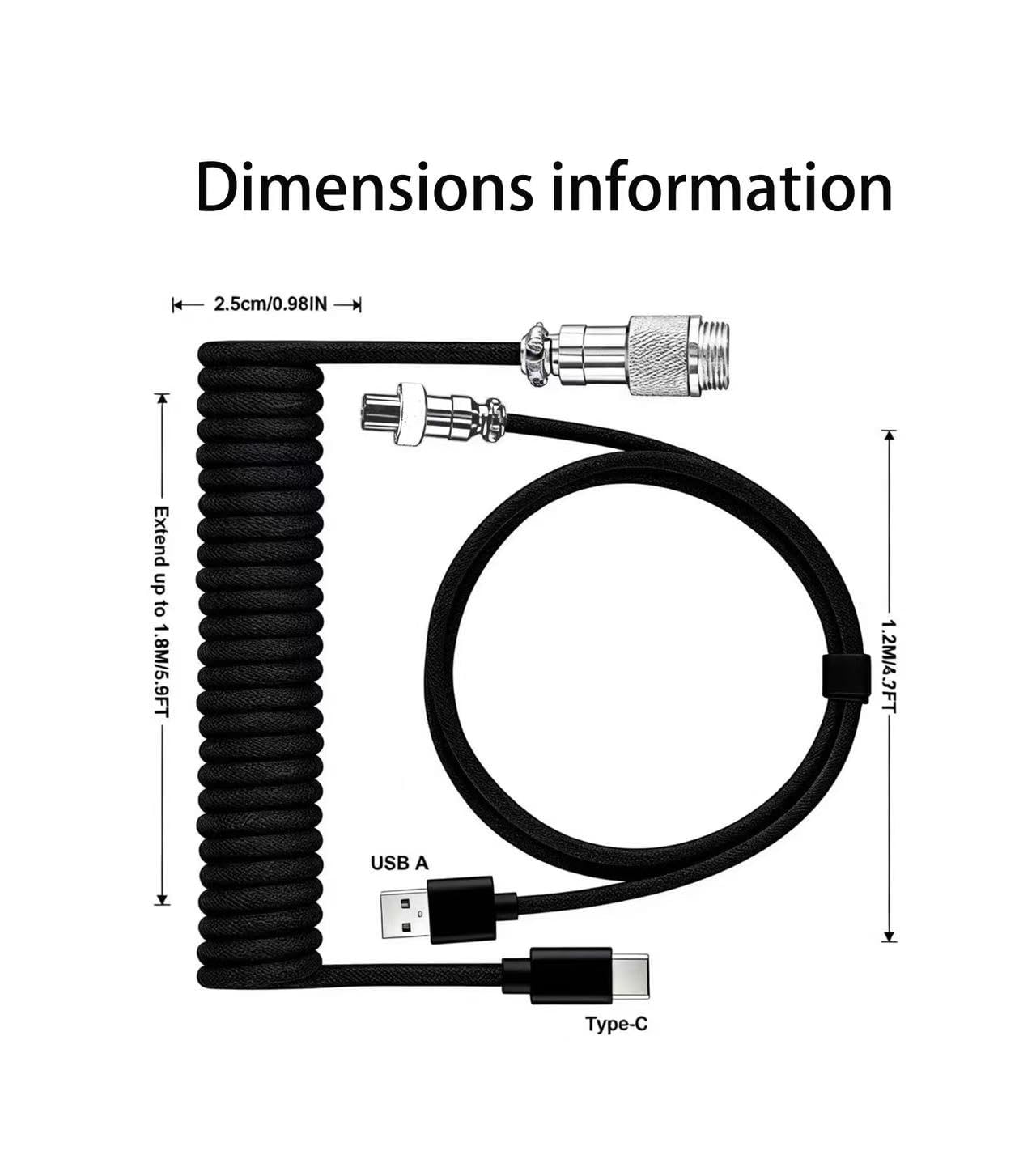 Custom Coiled USB C Cable for Gaming Keyboard, Double-Sleeved Mechanical Keyboard Cable with Detachable Metal Aviator,USB-C to USB-A (1.8 M,Black) image 3