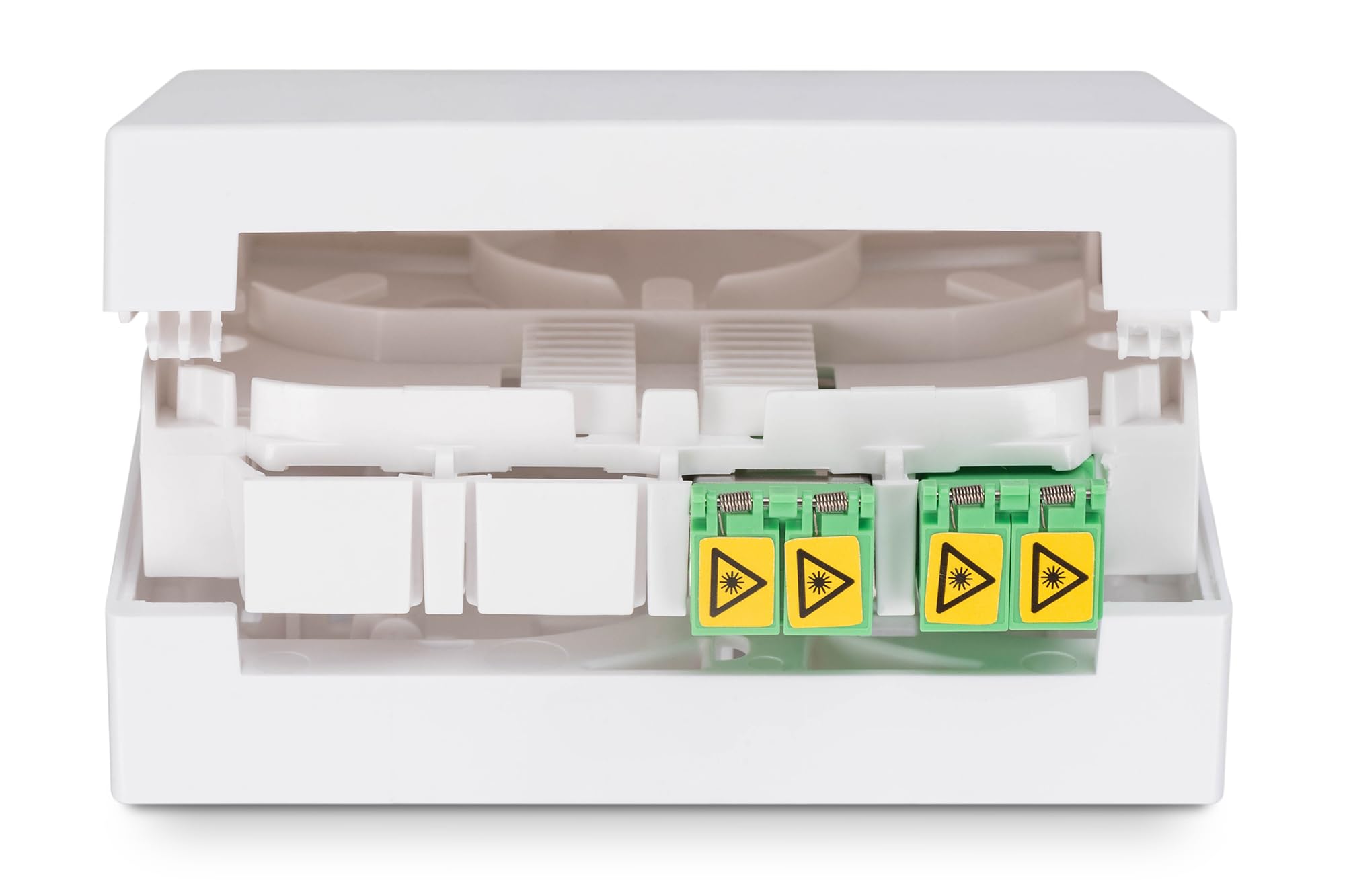 DIGITUS Caja FTTH - 2X LC/APC Dúplex con obturador - Fibra óptica monomodo - Caja de empalme de fibra óptica integrada - Clase de protección IP45 - Montaje en pared o en carril DIN - Blanco