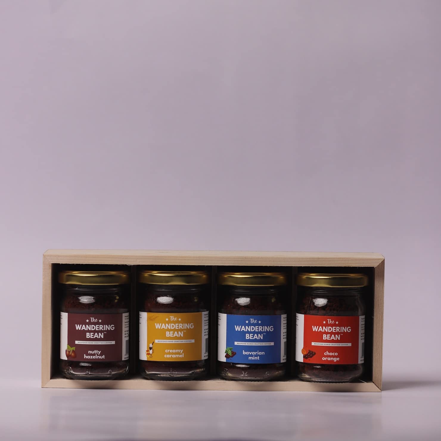 The Wandering Bean Coffee Hamper | A Set of 4 Assorted Coffees (Nutty Hazelnut, Creamy Caramel, Bavarian Mint, Choco- Orange 40g X 4 Jars) Gift Festive- Best Gift Hamper 1