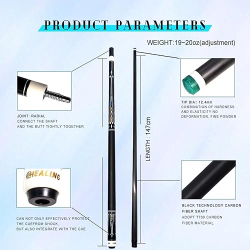 Miniatura 2 de Taco de piscina de fibra de carbono, suministros de billar de 12 de 58 pulgadas, cabeza de 0.488 in, conector de 8 dientes, 19-20 onzas, adecuado
