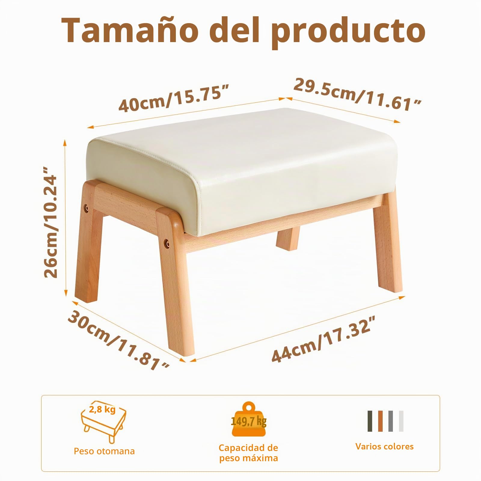 IBUYKE 10.2”H Pequeño Reposapiés Otomana, Rectángulo PU Cuero Reposapiés Taburete con Asiento Acolchado y Patas de Madera, Beige WBD013W