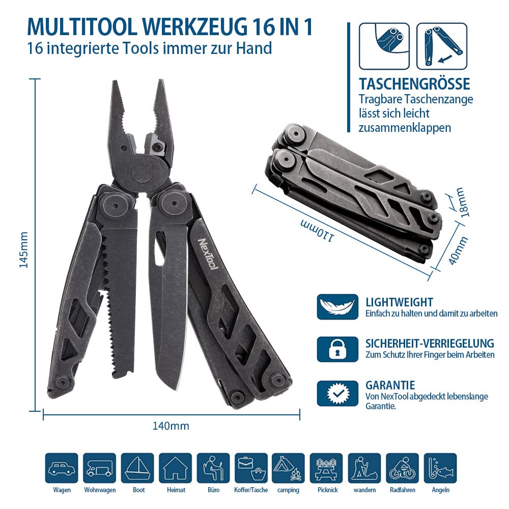 NexTool Flagship Pro Multitool Werkzeug 16 in 1 Faltbares Edelstahl Multifunktionale Zange, Taschenmesser mit Flasche/Dosenöffner, Schere, Messer und Säge für Camping, Reparieren, Männer Geschenke
