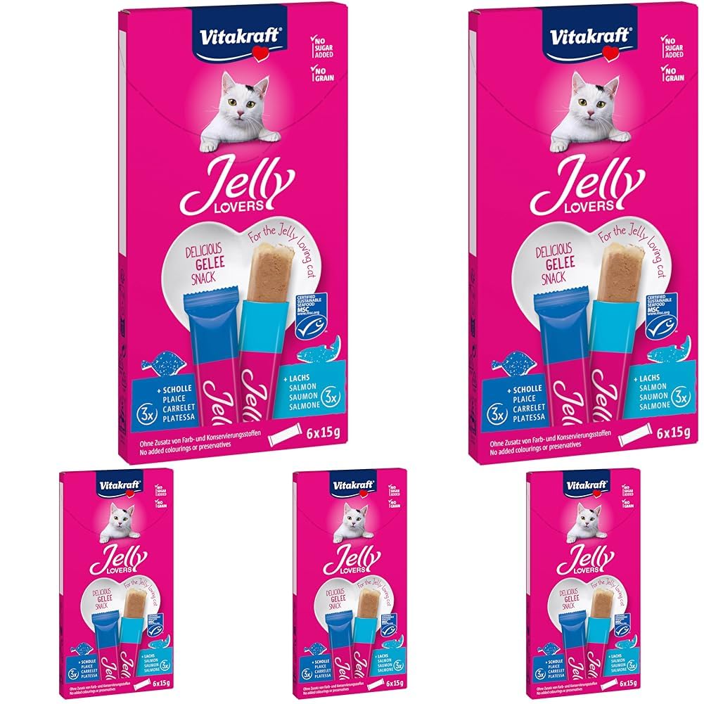 Vitakraft Jelly Lovers, Katzensnack, mit Lachs und Scholle, im Vorratspack, ohne Zusatz von Zucker und Getreide (1 Paket mit 6X 15g) (Packung mit 5)