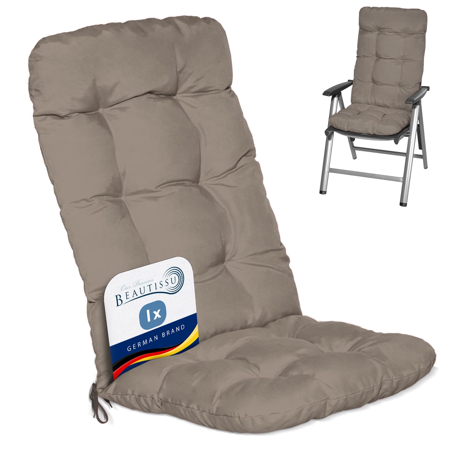 Beautissu Highback Garden Chair Cushions Set 120x50x8 cm - Taupe Outdoor Seat Cushions for Garden Chairs with Backs Pillows for Recliner Patio Sunbed Bench - Flair HL