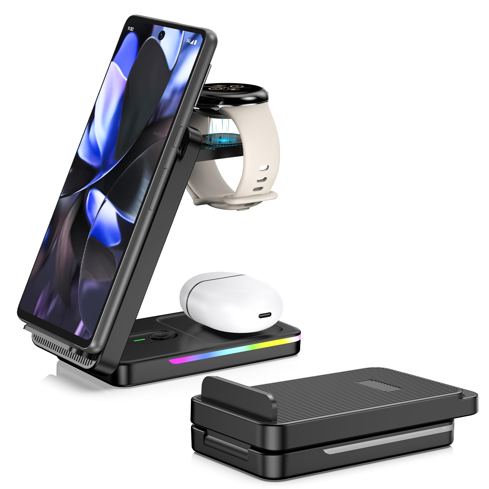 Wireless Charger for Google, 3 in 1 Wireless Charger for Google Pixel 10 Pro Fold/10 Pro XL/10 Pro/10/9 Pro/Pro XL/9//8/7/6 Buds Pro 2, Foldable Charging Station for Pixel Watch 3/2(Not for Watch 4/1)