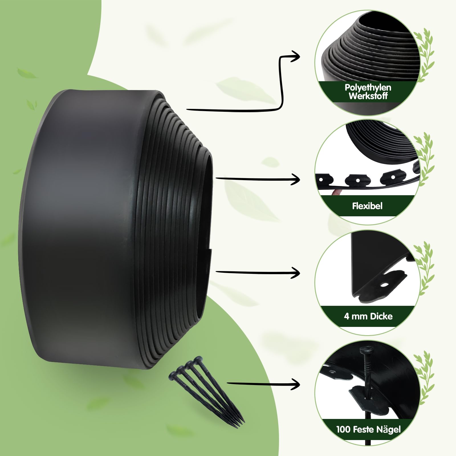 Flexible Rasenkante Kunststoff, 10m Lang 10cm Hoch Rasenkanten mit 100 Erdanker, Plastic Beeteinfassung Kunststoff Gartenzaun Beetumrandung Rasenbegrenzung, Schwarz