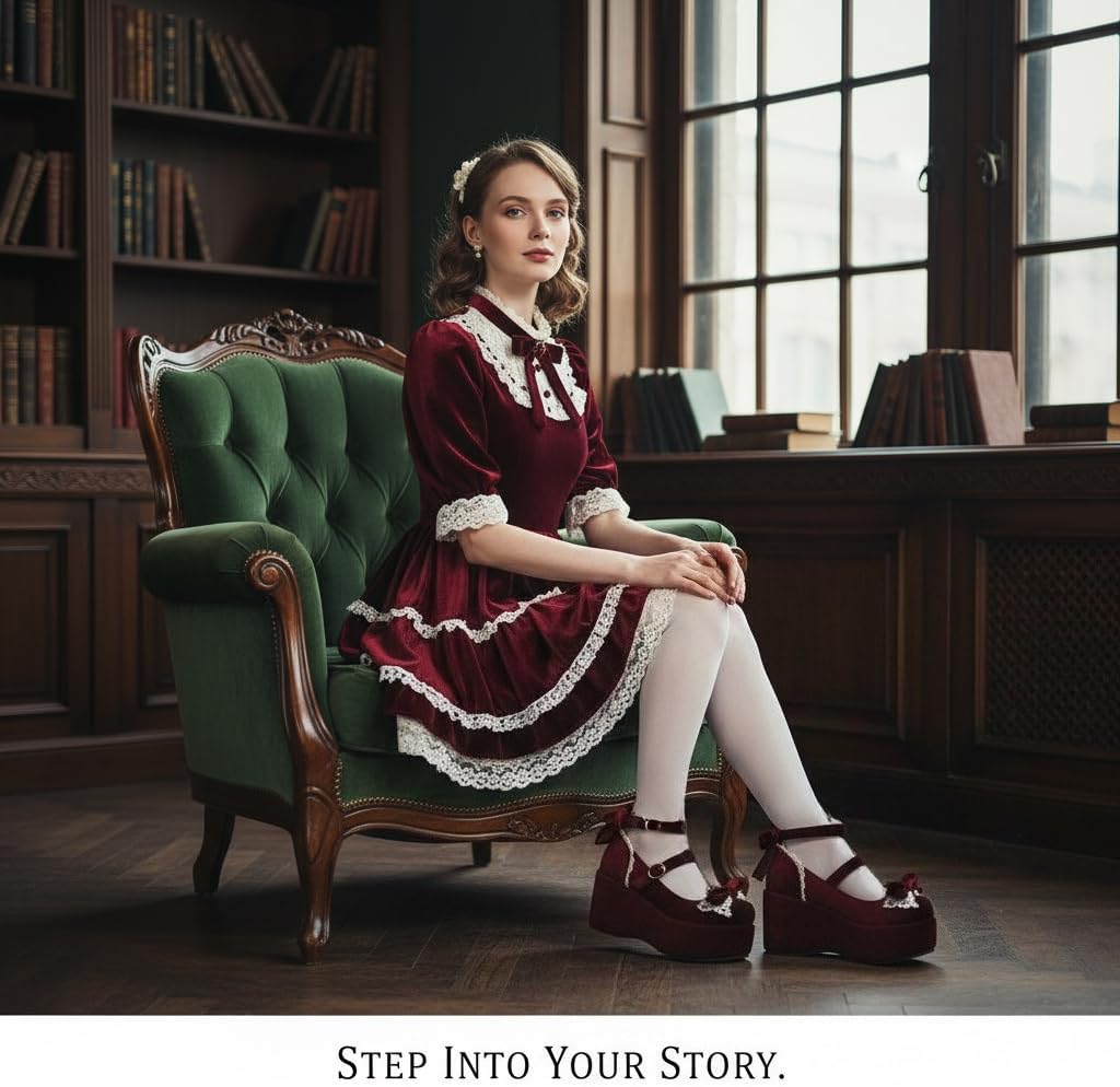 Women's Gothic Lolita Velvet Platform Mary Janes Bowknot Chunky Y2K Lace Up Shoes for Cosplay Party Costume Fashion