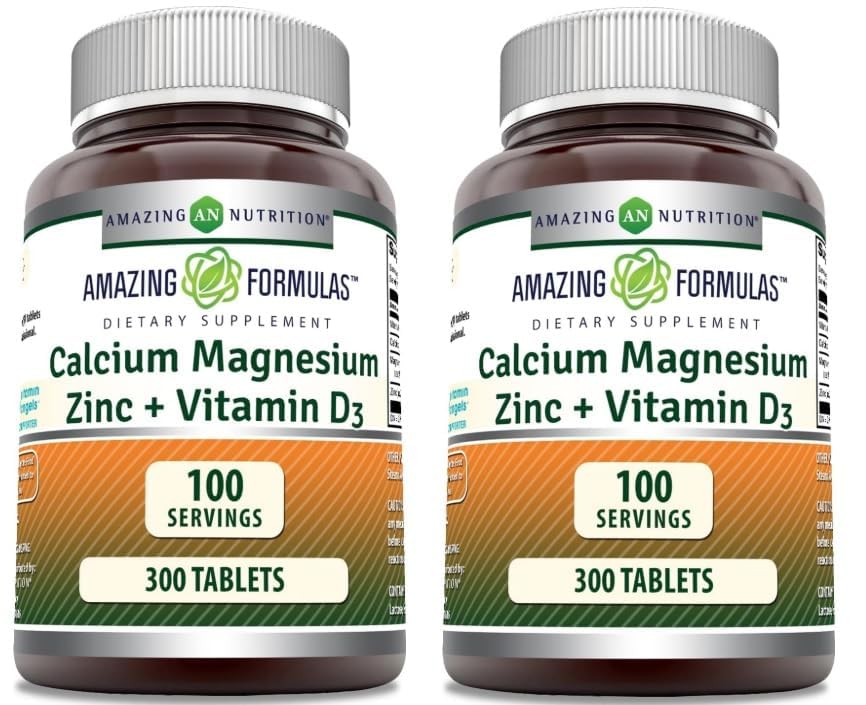 Amazing Formulas Calcium Magnesium Zinc with Vitamin D3 Supplement | Non-GMO | Gluten Free | Made in USA (2 Pack) Unflavored - 2 Pack