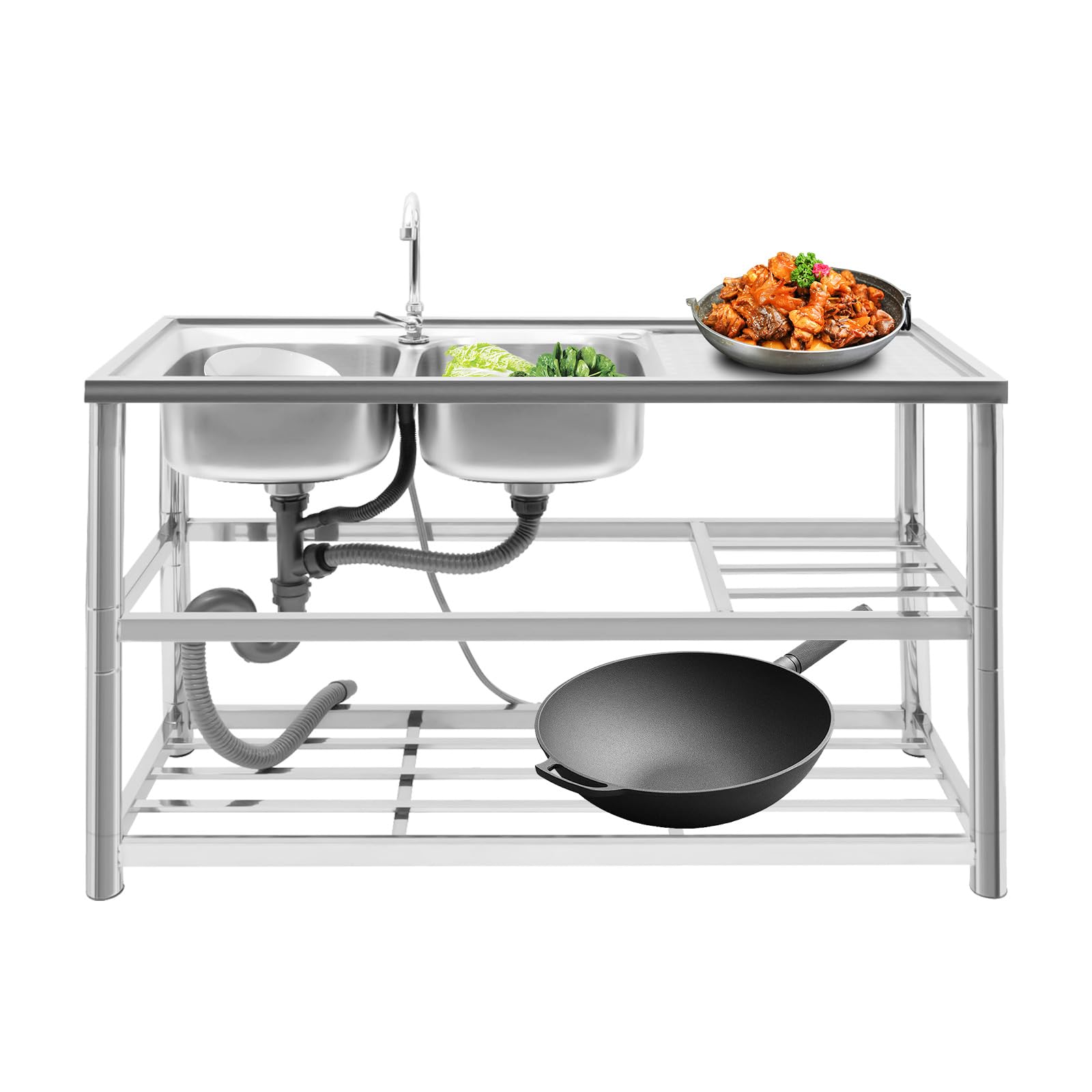 Lavello da cucina in acciaio inox, a 2 vasche a 3 livelli, autoportante, con rubinetto, per ristorante, campeggio, 120 x 45 x 80 cm, con accessori e scolapiatti
