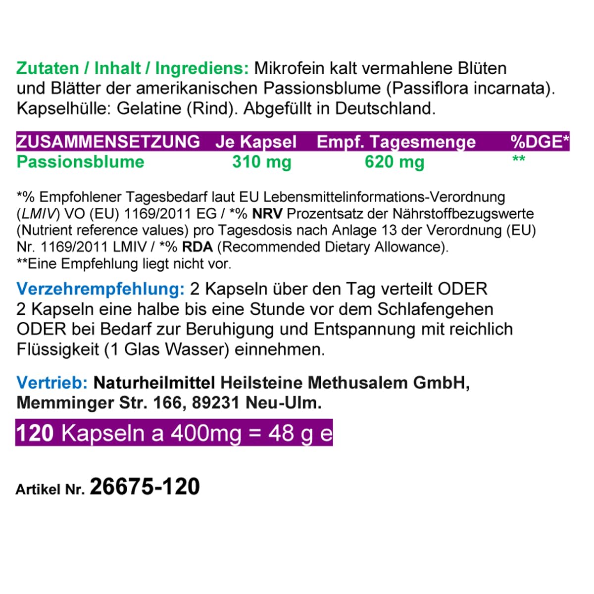 PASSIONSBLUME PUR Passiflora 360 (3x120) Pulver Kapseln. - In der Ruhe liegt die Kraft - Beruhigung & Entspannung + Einschlafen & Durchschlafen + NATUR pur - OHNE ZUSATZSTOFFE. 26675-3