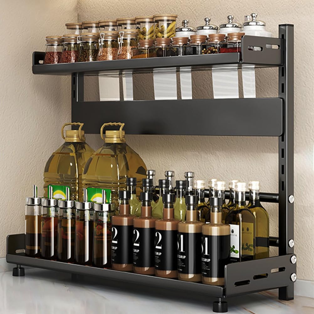 Wemune Spice Rack Organizer for Countertop, Multi-Function 2-Tier Metal Rust-Proof Standing Seasoning Storage Shelf for Kitchen Pantry, for Spices, Cans, Jars, Kitchen Utensils,Black,50cm