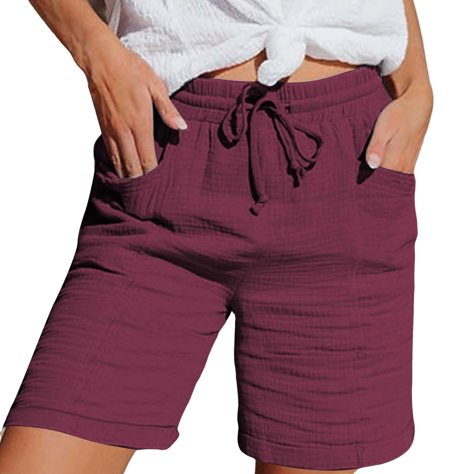Generisch Short blanc tendance et décontracté pour femme en coton et lin de couleur unie avec taille élastique
