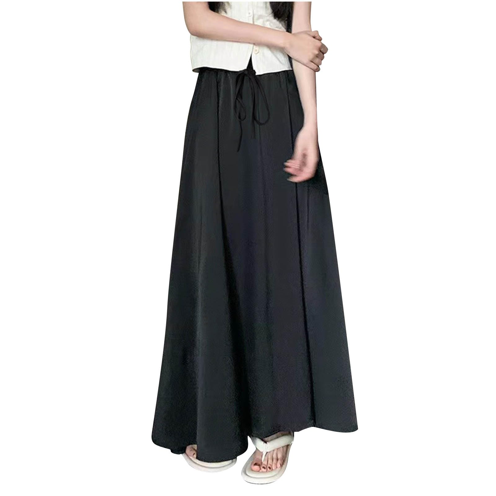 Women Drawstring High Waist Maxi Long Skirt Flowy Summer Flared A Line Maxi Skirts Elastic Waisted Trendy Dress