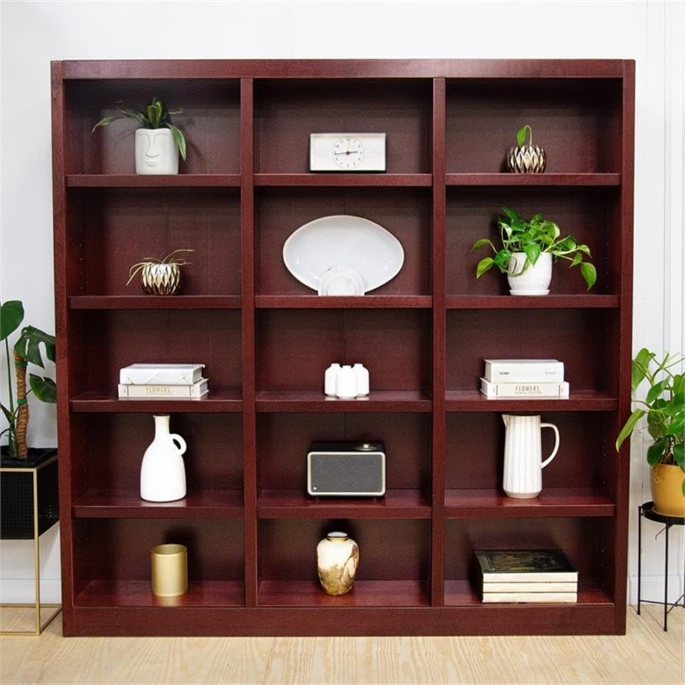BOWERY HILL 72" Traditional Triple Wide Wood Bookcase with 12 Adjustable Shelves and 3 Fixed Shelves, Ready for Assembly, for Home/Office Use, in Cherry Finish