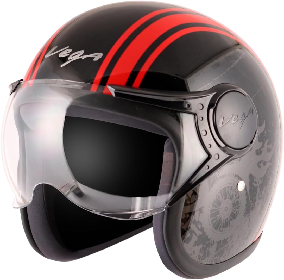 Vega Jet Old School ISI DOT Certified Gloss Finish Open Face Helmet for Men and Women with Clear Visor(Black Red, Size:L)