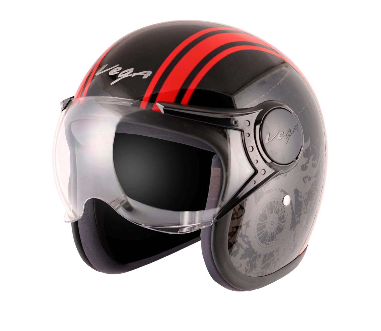 Vega Jet Old School ISI DOT Certified Gloss Finish Open Face Helmet for Men and Women with Clear Visor(Black Red, Size:L)
