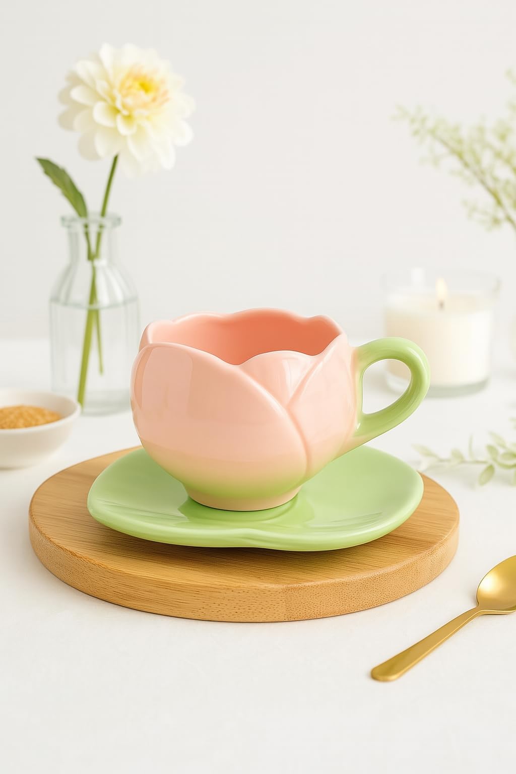 The Deluxe Creations Tulip Shaped Ceramic Cup & Leaf Saucer Set – Pink, 275ml | Handmade Tea/Coffee Mug | Rakhi Gift for Sister | Microwave Safe | Elegant Gift Set for Home & Kitchen-image-18