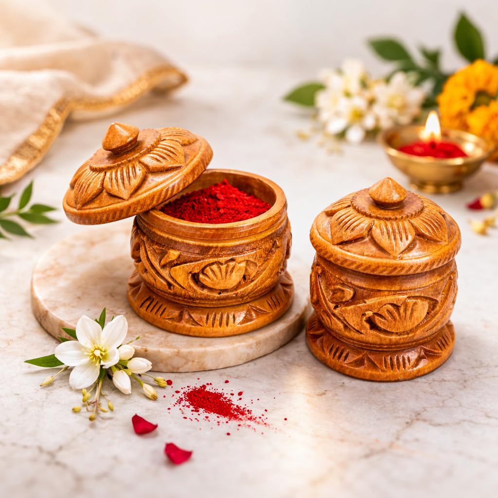 2 Pc Set of Handcrafted Wooden Tilak/Sindoor Dabbi | Hand Carved Kumkum/Haldi Pooja Box Elegant Sindur Dani Kumkum Box Traditional Indian Wedding Puja/Pooja Return Gifts for Women-image-44