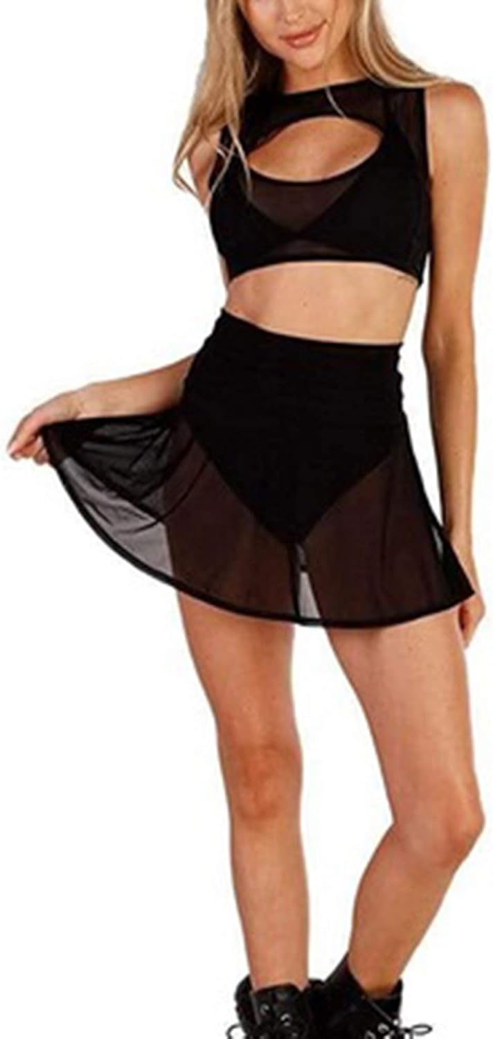 Women's Sheer Mesh Mini Skirts See-Through High Waist Solid Skater Skirt Beach Cover-ups Without Briefs
