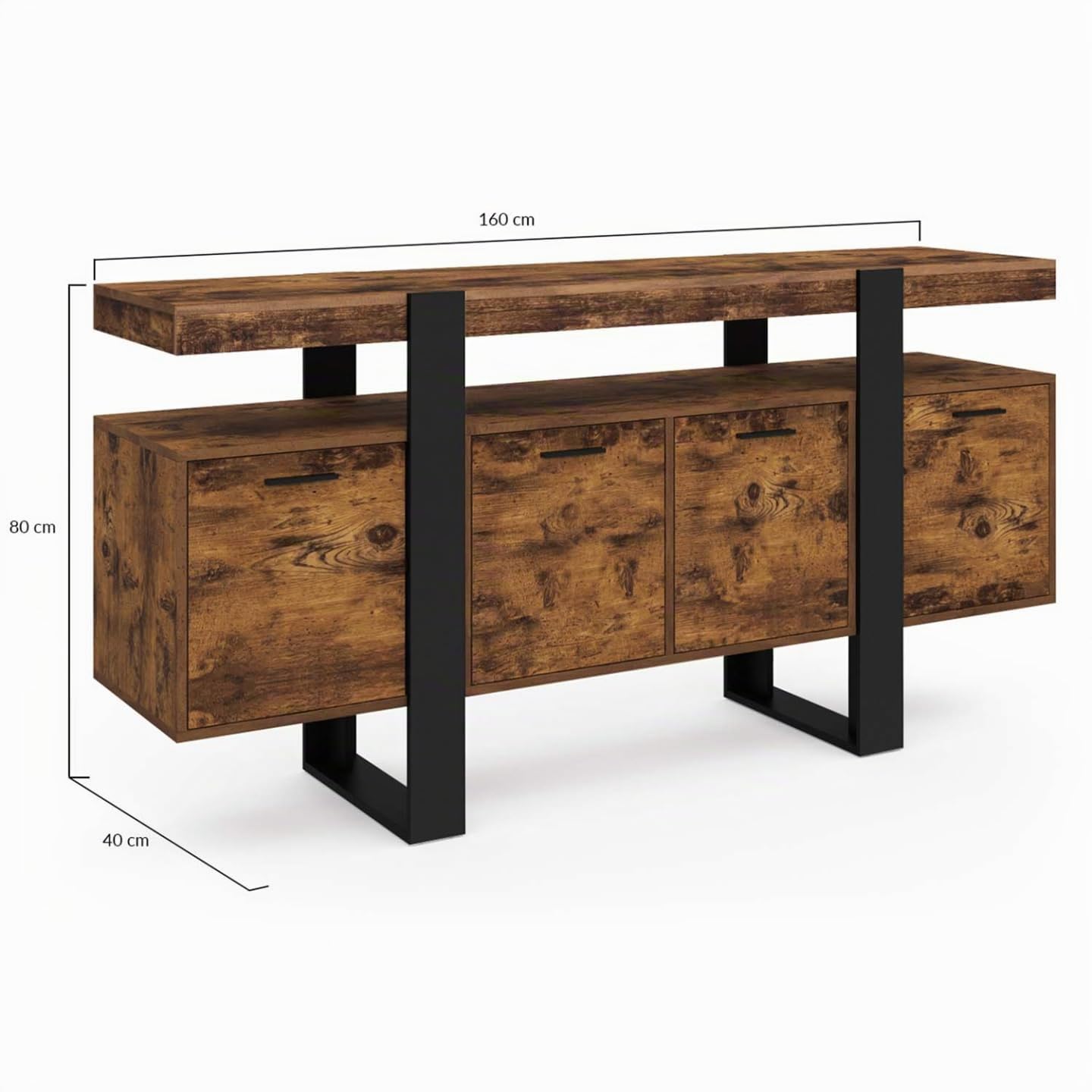 IDMarket Phoenix XXL - Aparador (160 cm, 4 puertas, efecto madera antigua y negro