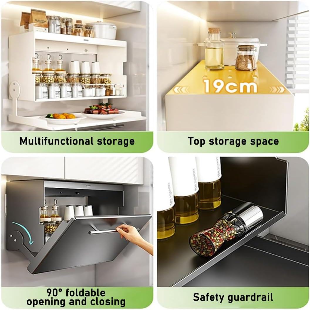 YVYKFZD 2 Tier Pull-Out Cabinet Organizer, 90° Foldable Drop Down Shelf, Large Capacity Kitchen Cabinet Organizer, Multifunction Hanging Storage, for Spices, Dishes(White,15.7"x6.2"x6.2")