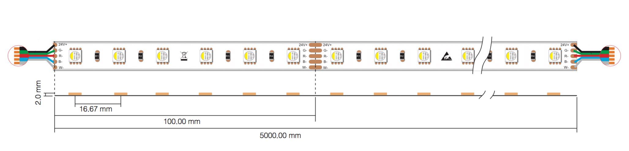 LED-Streifen RGBW 4 in 1: sehr hochwertiger LED-Streifen RGBW warmweiß (3000K) mit 60 LEDs pro Meter, hoch selektiert, 24V, 19,2W pro Meter (3000K IP65NANO Rolle 5m)
