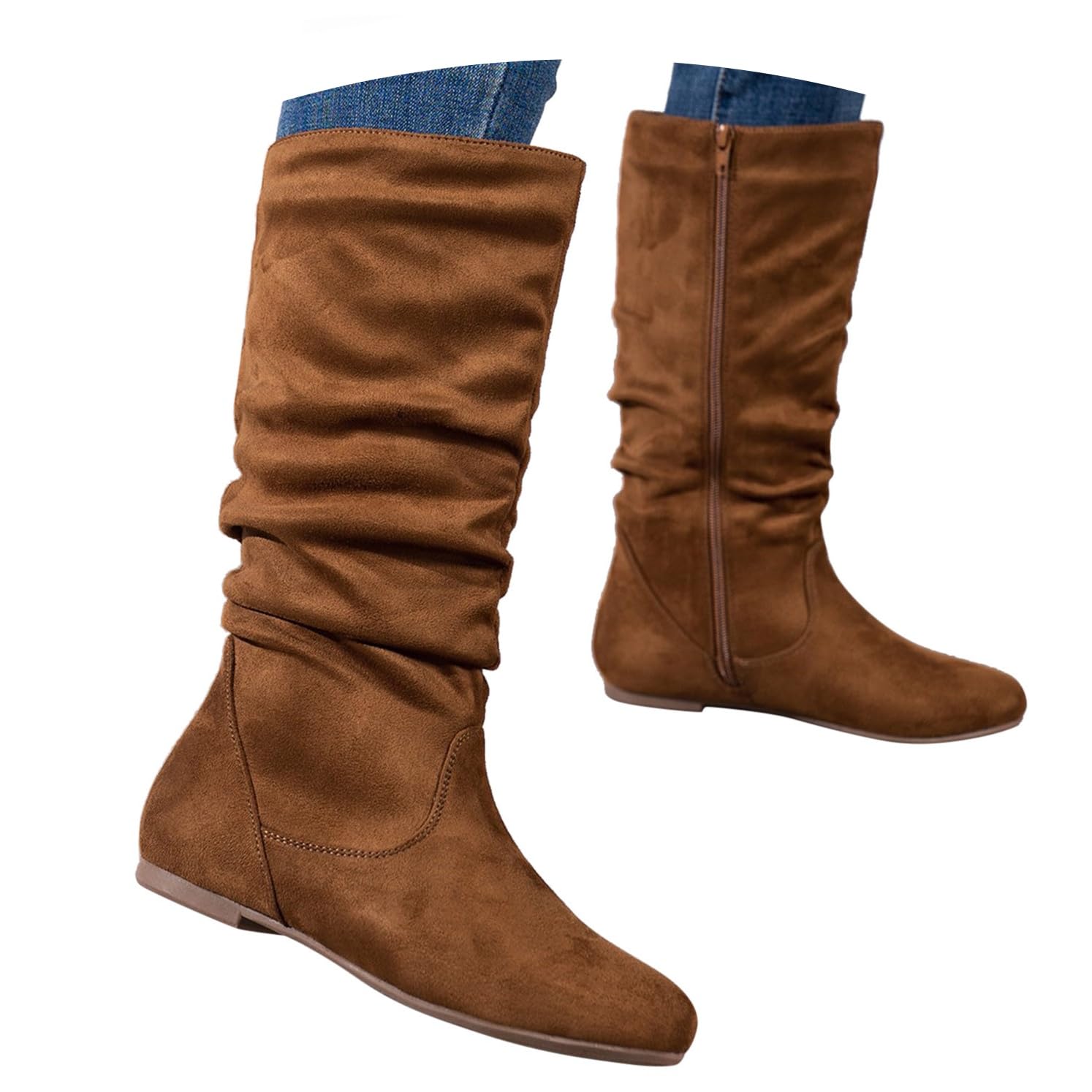 Womens Falt Slouch Boots Suede Pull On Round Toe Low Heel Wide Mid Calf Booties Comfort Tall Fall
