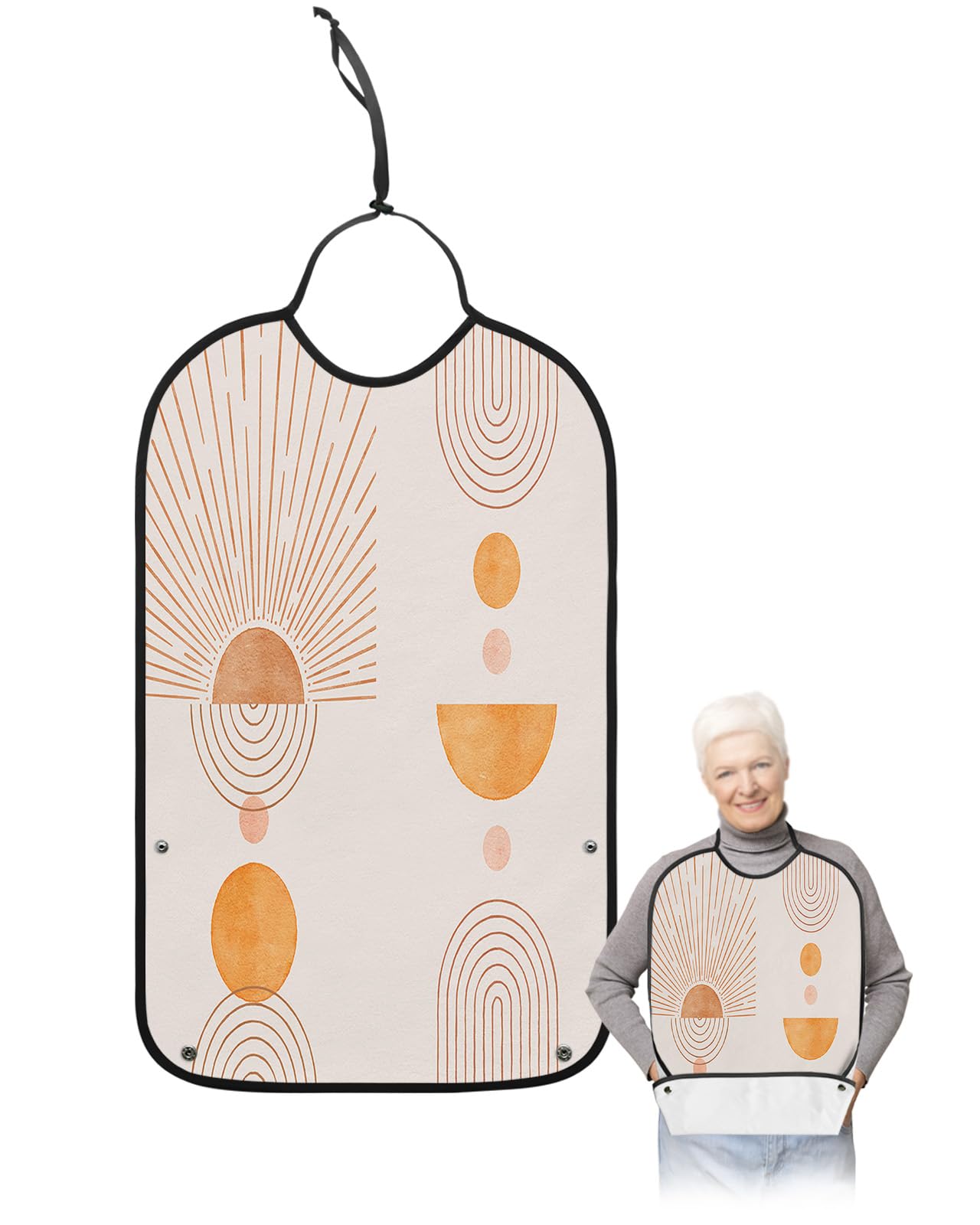 Contour Geometric Adult Bibs for Eating, Waterproof Bibs with Food Catcher & Adjustable Snap Closure, Orange Modern Simple Art Splicing Washable Clothing Protectors Adult Bibs for Elderly Women/Men