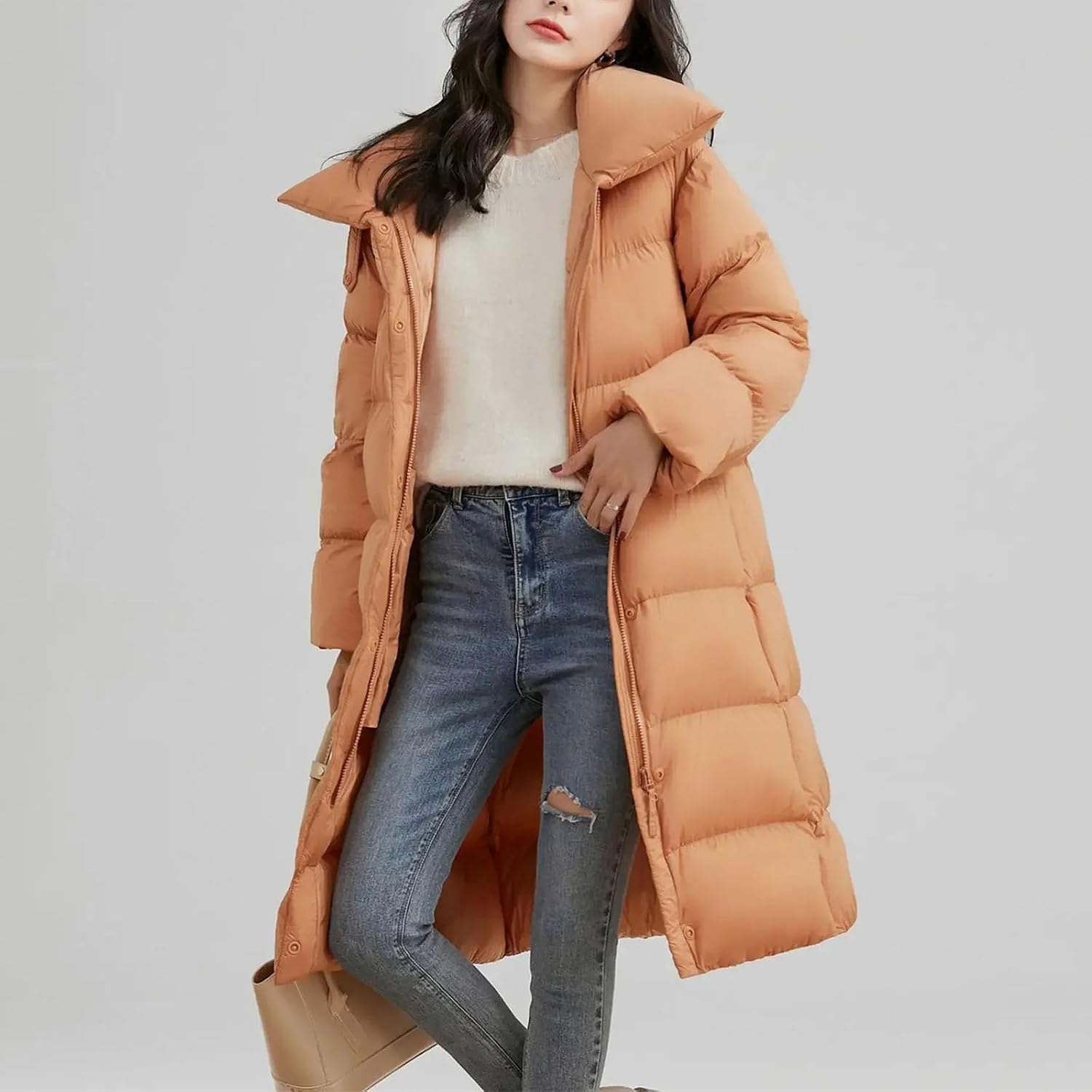 Winter Women White Duck Down Jackets Coats Slim Long Warm Ski Coats Casual loose hooded parka