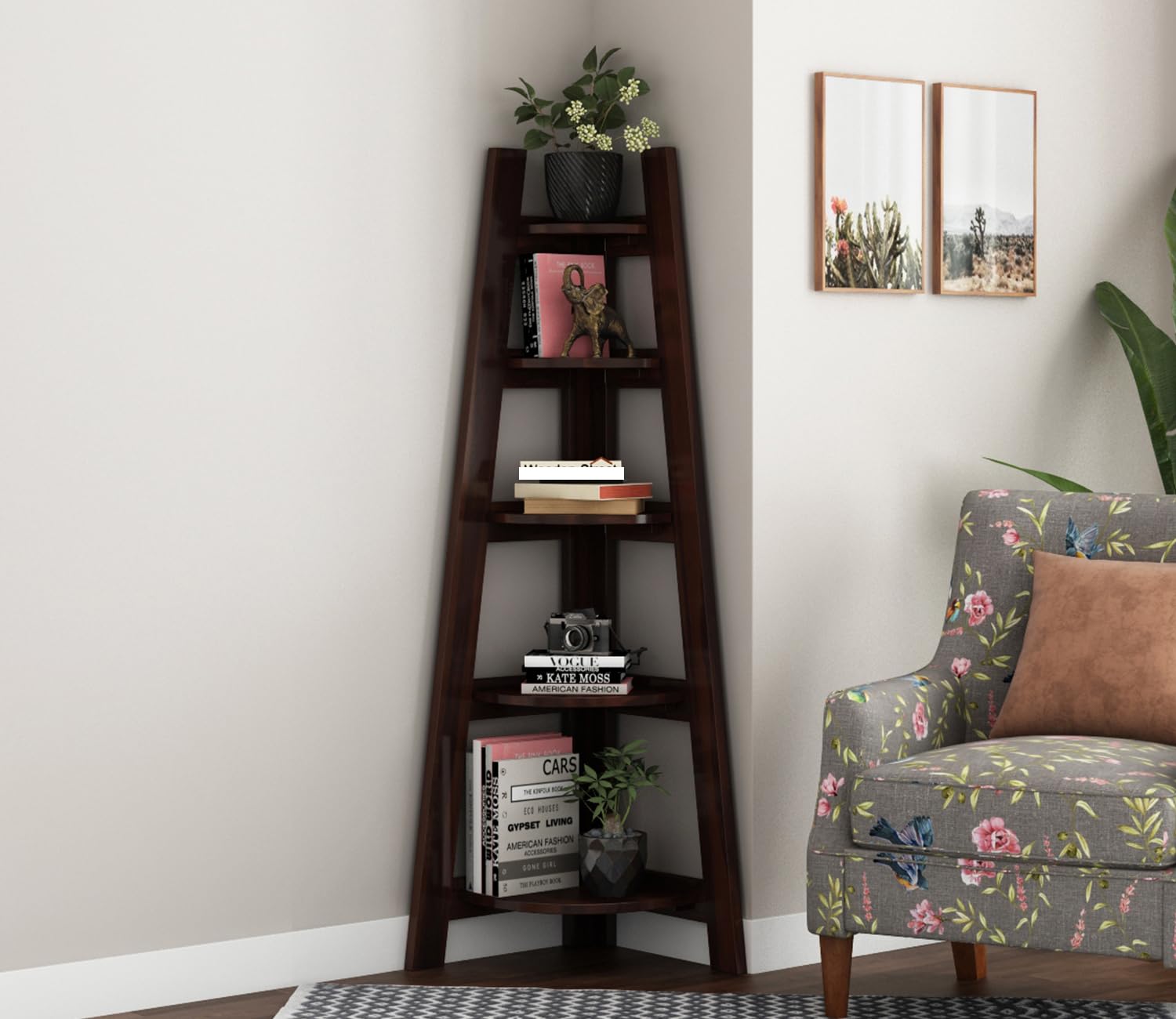 MJ FURNITURE Solid Sheesham Wood Wooden Corner Bookshelf for Books - Corners Ladder Book Shelf for Home Library Books - Bookshelves for Books & Files Storage (Walnut Finish, Design 3)