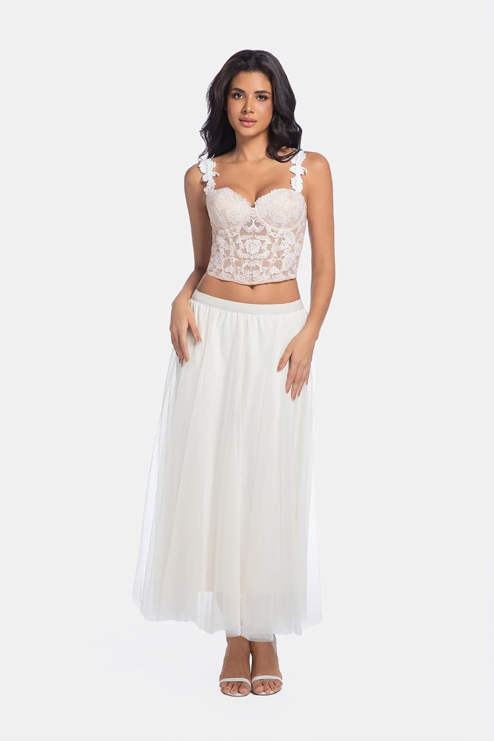 Lace Corset Top for Women - Deep Skin Tone 3D Floral Embroidery Sheer Mesh Bustier, Sexy Crop Top for Evening Party