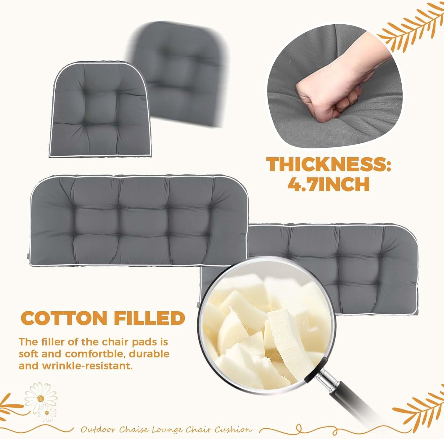 Waterproof Wicker Chair Cushions of 3 Pieces Piped Edges Premium Thick Cushions, All Weather Outdoor Loveseat Cushions for Patio Seat, 1 Loveseat and 2 U-Shaped Cushions, Gray