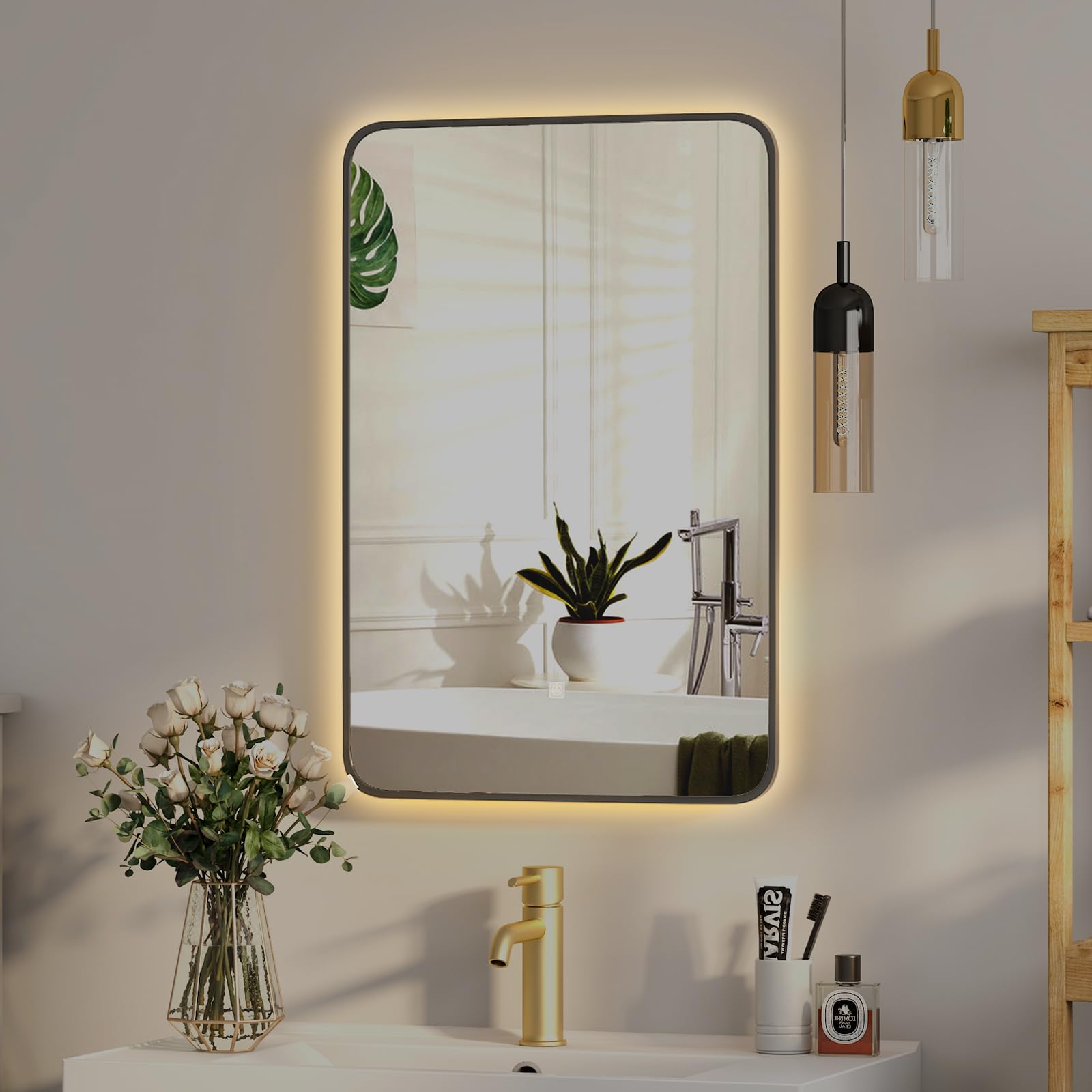 Spiegelschrank Bad mit Ambient-Stimmungsbeleuchtung, Badschrank Hängend mit Spiegel und Ablage, Badezimmer Spiegelschrank, Wandschrank, Stufenlos dimmbar, 51x76 cm Schwarz