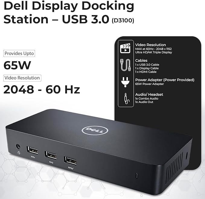 Dock USB 3.0 Dell D3100 Triple Display 4K con Adaptador 65W miniatura 3