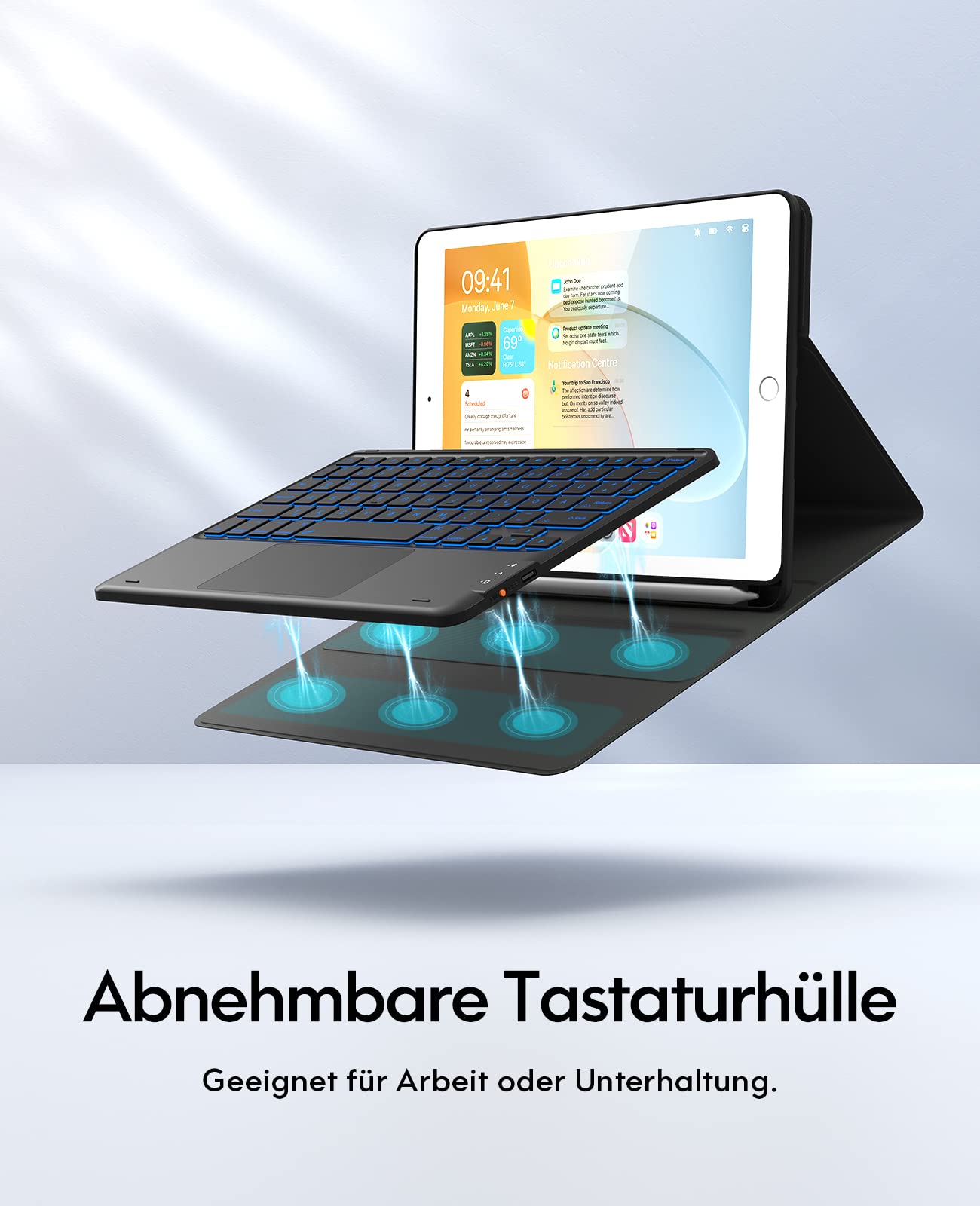 CHESONA Tastatur Hülle für iPad 10.2 Zoll 9/8/7 Generation | 7-Farbige Beleuchtung, 2 BT Kanäles, Wiederaufladbar Abnehmbare QWERTZ Tastatur, Schwarz