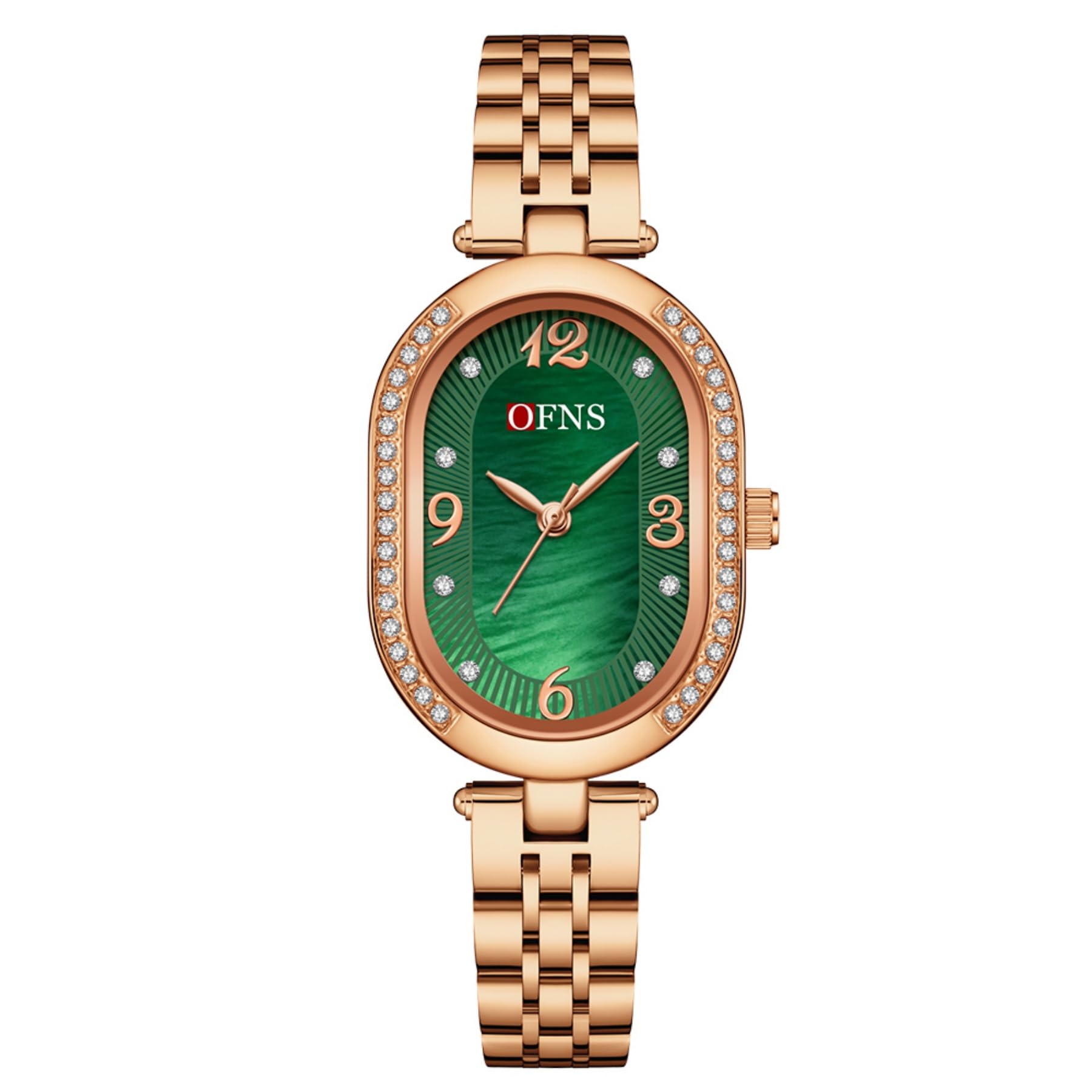 OFNS Reloj de mujer ovalado con diamantes y esfera de nácar, diseño minimalista clásico, acero inoxidable, para mujer