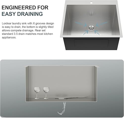 Miniatura 30 de Lordear - Fregadero de cocina encajado de 21 x 20 x 10 pulgadas, tipo bar, de acero inoxidable de calibre 16, con una sola cubeta, para exteriores