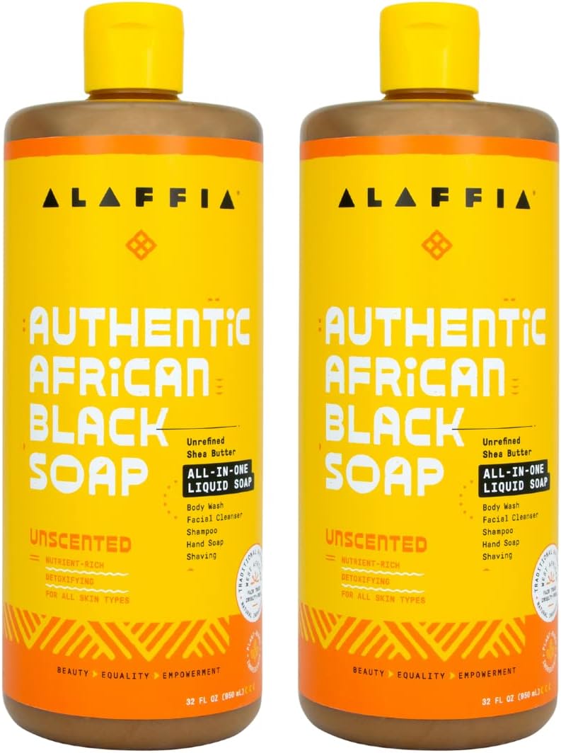 Alaffia Authentic African Black Soap, Unscented, 2-Pack – All-in-One Moisturizing Cleanser for Face, Hands, Body & Hair, 32 Oz Ea