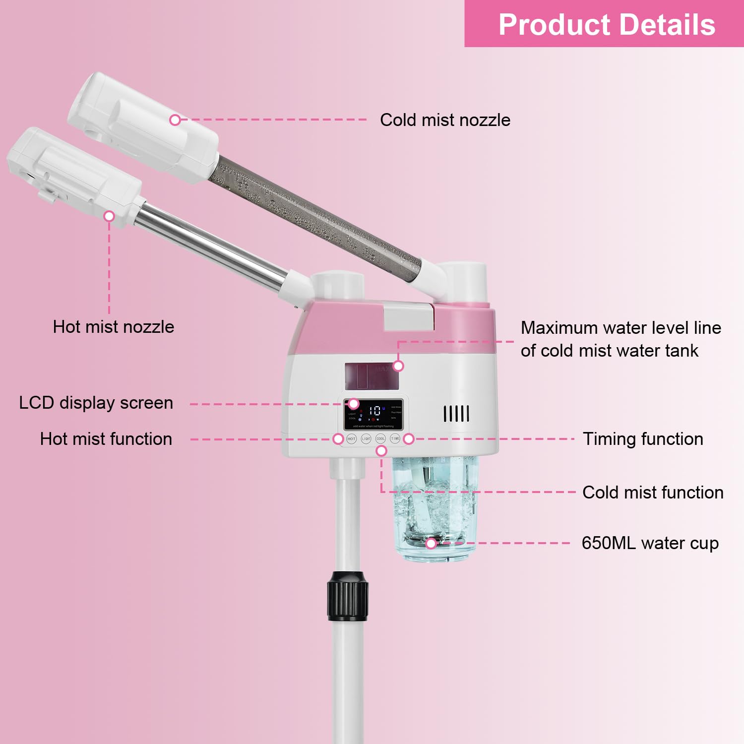 Professional Facial Steamer with Adjustable Height and Rotating Nozzle