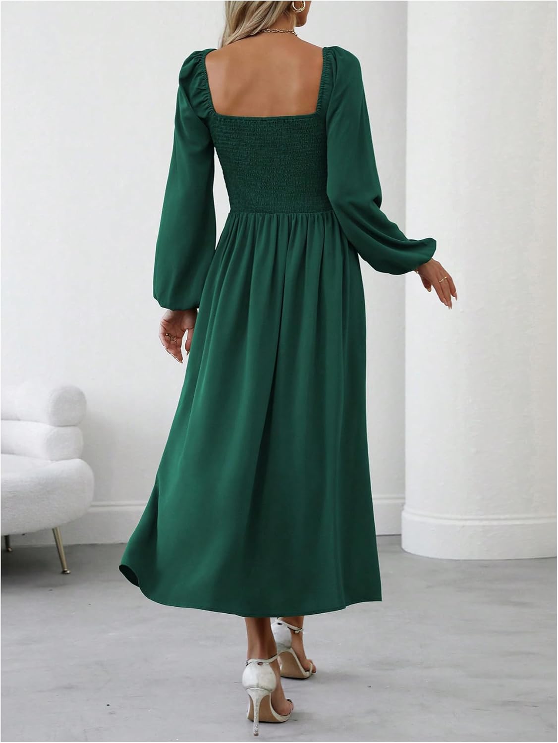 Floerns Women's Square Neck Lantern Long Sleeve Dress Split Ruched Party Midi Dresses - Image 2