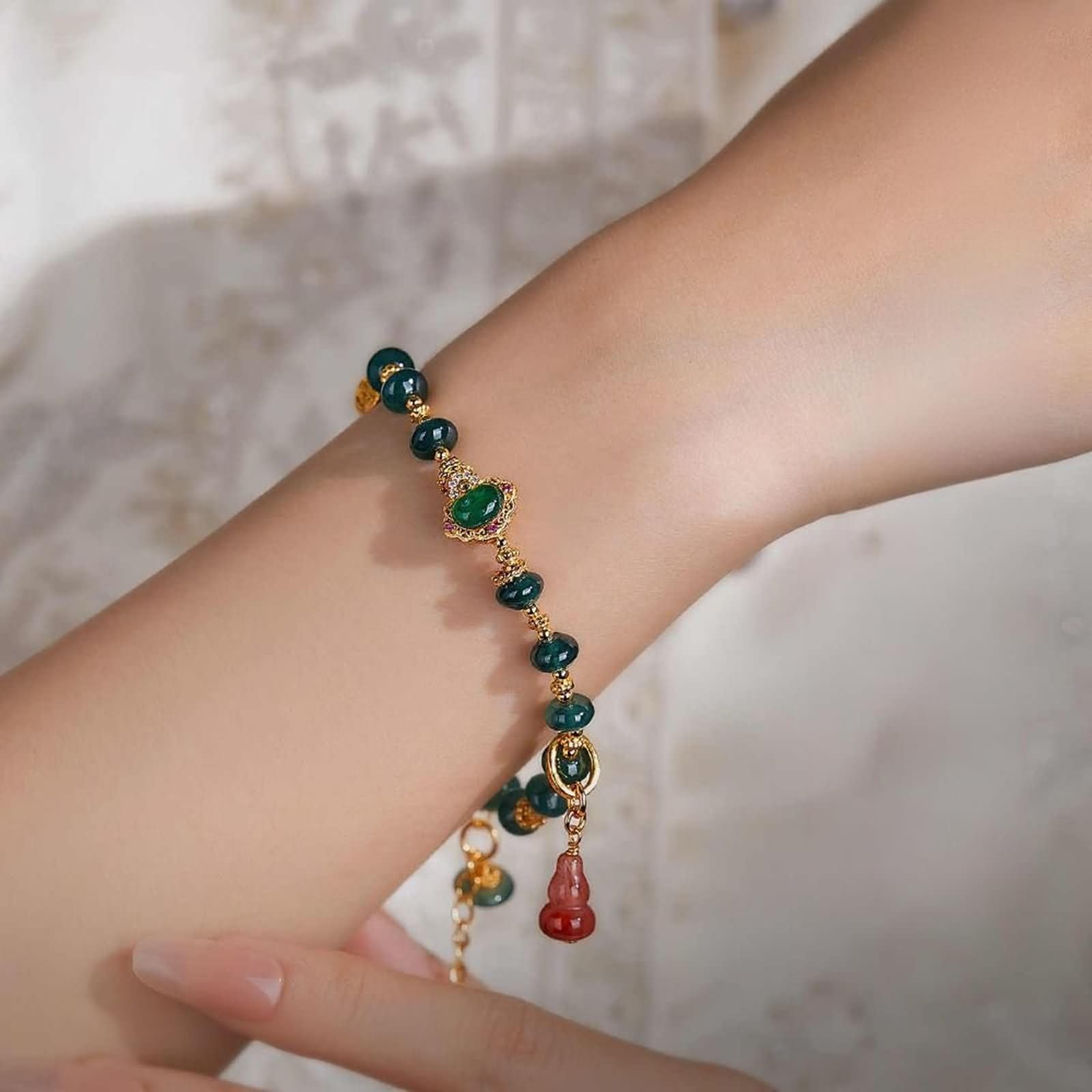 Pulsera de cadena para mujer, pulsera de cuentas vintage de oro amarillo de 9 quilates, 14 quilates y 18 quilates con colgante de calabaza de jade y ágata de 6 a 7 mm